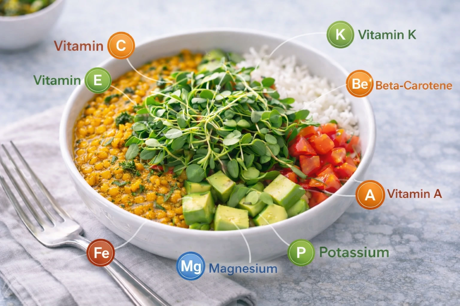 Microgreens on a meal bowl with vitamin callouts